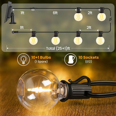 25FT Solar String Lights Outdoor Waterproof G40 Bulbs with Dual Charging for