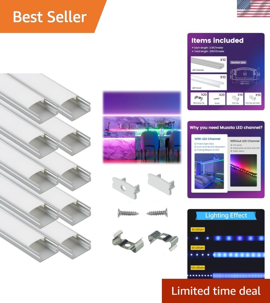 10-Pack 3.3FT Aluminum U Shape LED Channel with Milky White Cover – Easy Install