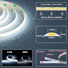 12v Cob Led Strip Light 6000k Cool White Waterproof Ip65 480leds/m Super Bright