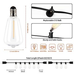 KONDRAS 100FT WATER RESISTANT OUTDOOR STRING LIGHTS ST38 LED BULBS WITH – WHITE