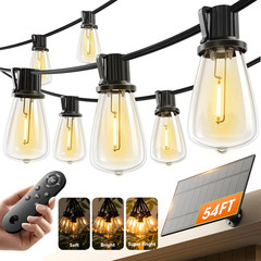 54FT Solar String Lights Outdoor Waterproof with USB Charging & Remote, Dimmable