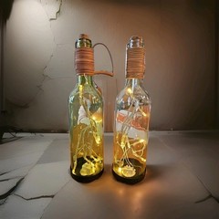 Wine Bottle Lanterns Leather Handles, Cork, On & Off Switch on Base, Pair