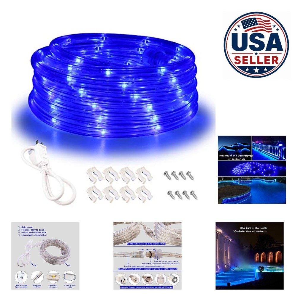 Outdoor Rope Lights 16ft Blue 108 LEDs 120V IP65 PVC Tube For Patio Decor