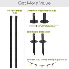 EXCELLO GLOBAL PRODUCTS Bistro String Light Poles – 2 Pack – Extends to 10 Feet