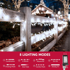 66ft White Christmas String Lights, 200 LEDs Clear Wire, 8 Modes, Connectable UL
