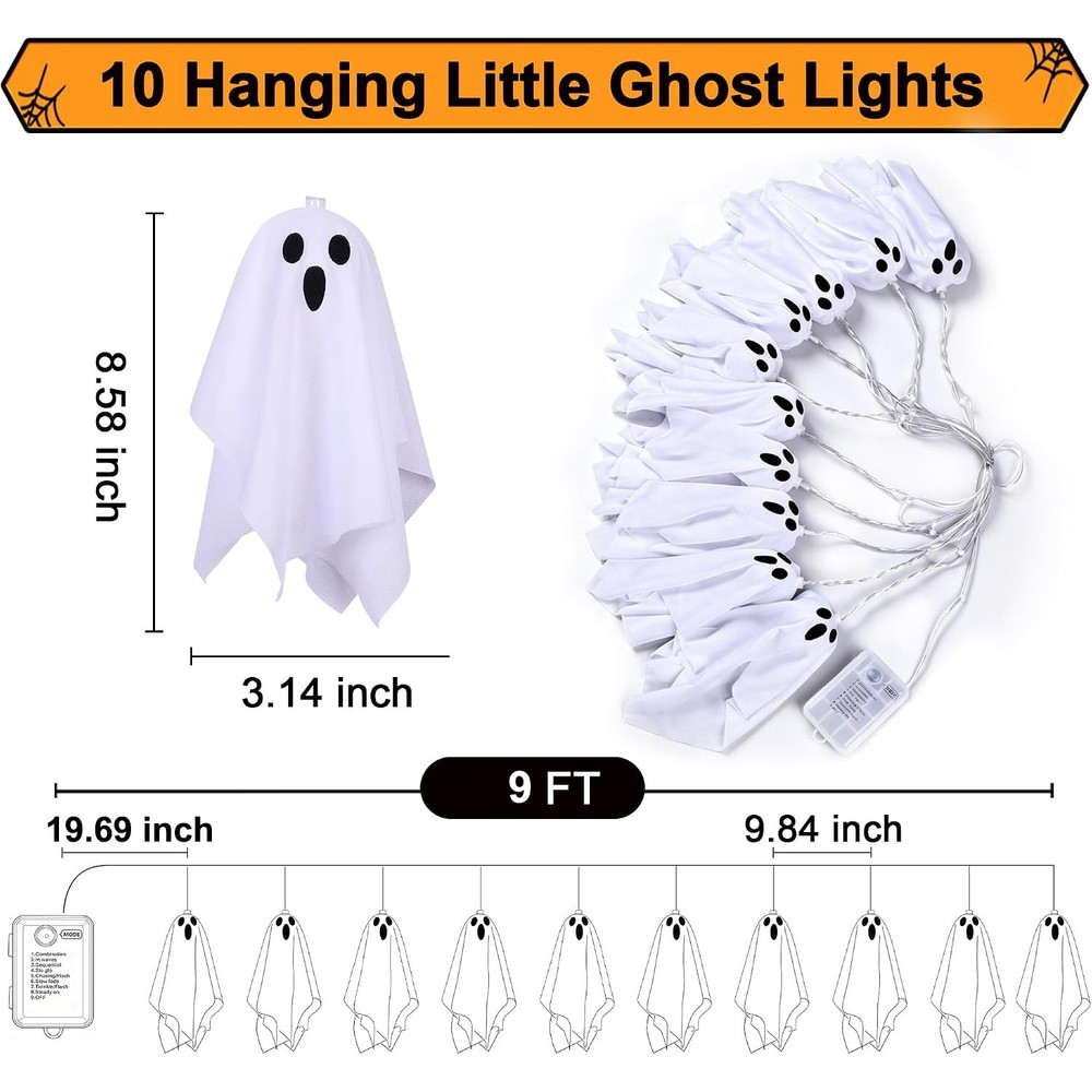9FT Battery Powered Halloween Decoration Ghost Garland Lights Banner Party Decor