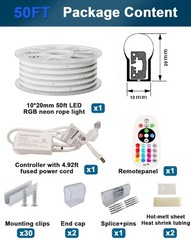 LED RGB Neon Rope Lights AC 120V ETL IP65 Strip Light with Remote 50FT