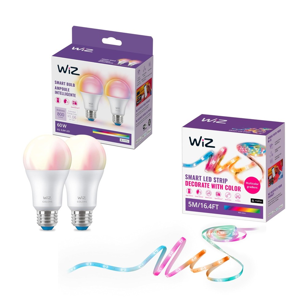 WiZ – Bundle – RGBIC LED Strip 5m Plus 2 60W A19 Color Bulbs – Cont… Fast Ship