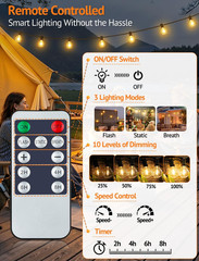 25Ft Solar String Lights Outdoor Waterproof with Remote Dimmable 3 Modes Patio