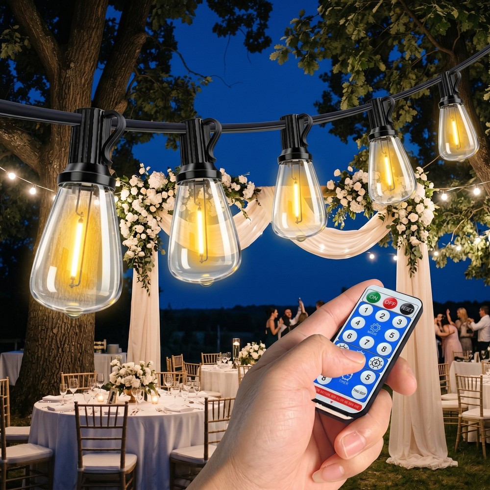 60FT Solar Outdoor String Lights Waterproof Patio 16 ST38 Bulbs Remote Control
