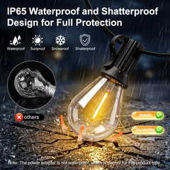 100FT Solar String Lights Outdoor, IP65 Waterproof Shatterproof LED Bulbs, Solar
