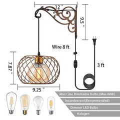 Hanging Lamps Swag Lights Plug in Wall sconces with On/Off Switch Wire Caged …