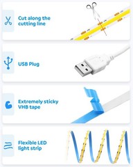 USB Led Light Strip COB Led Strip Lights 5V Daylight Cold White 6000K 3.28FT …