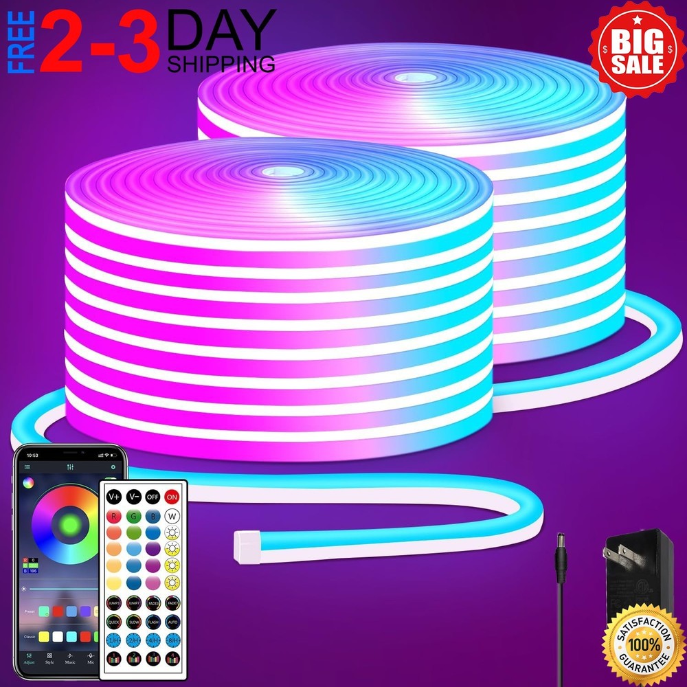 100Ft LED Neon Rope Lights with App and Remote Control, IP65 Waterproof Neon Str