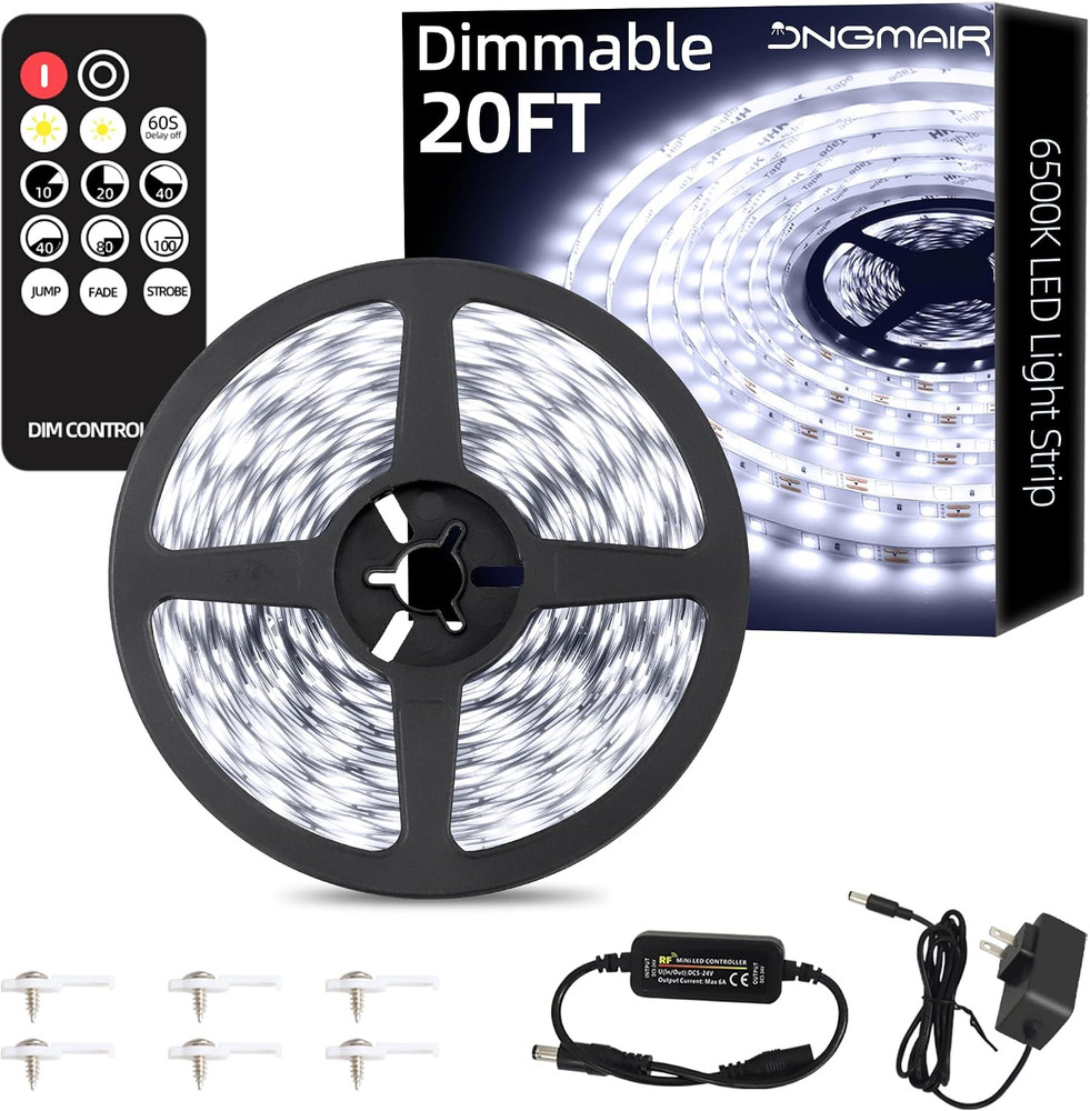 20Ft LED Strip Lights with Remote, 6500K Daylight White Dimmable Tape Lights, 12