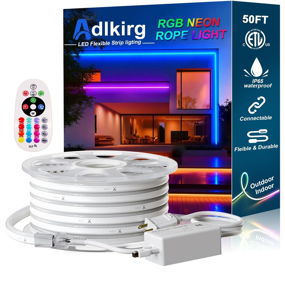 LED RGB Neon Rope Lights AC 120V ETL IP65 Strip Light with Remote 50FT