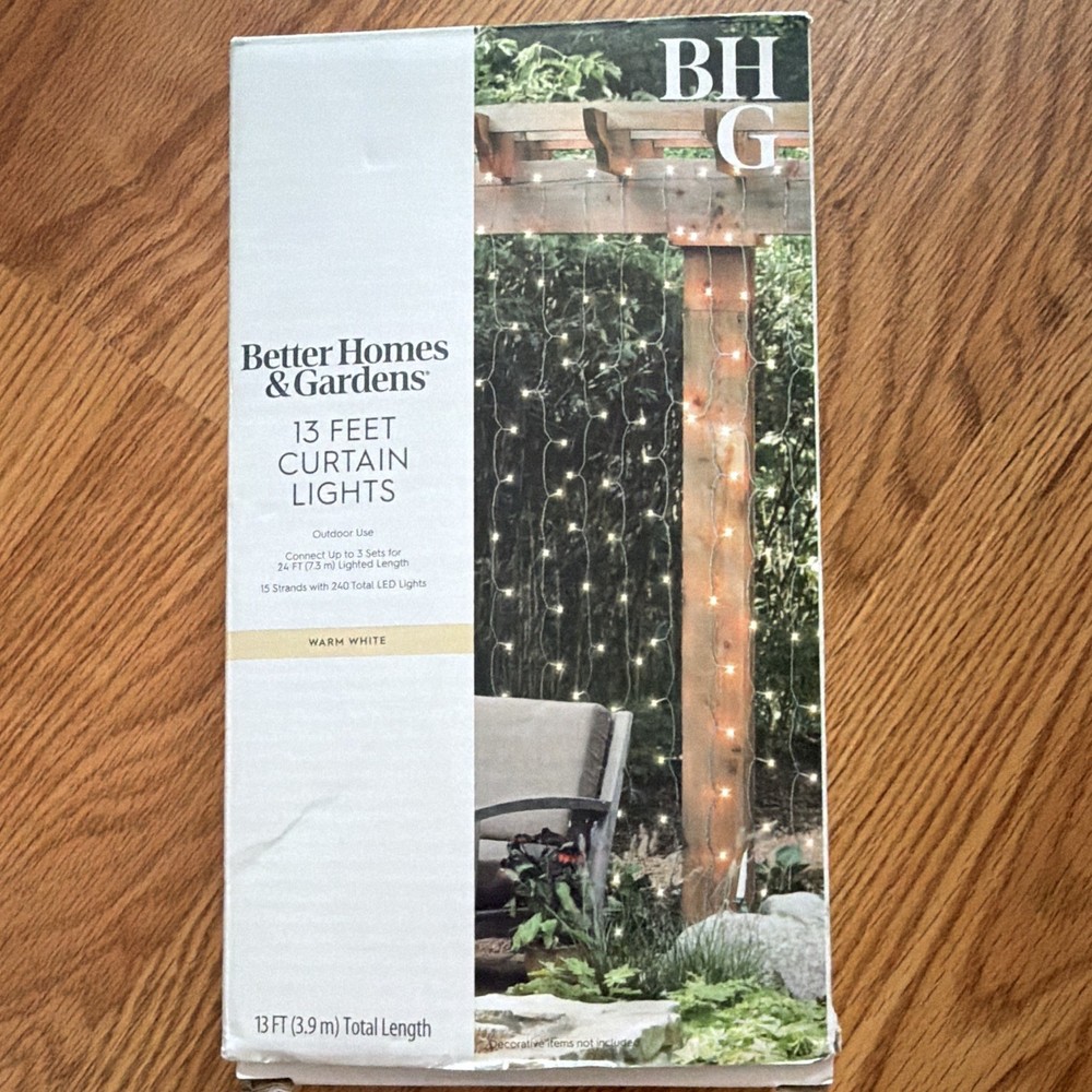 Better Homes & Gardens 13 ft Outdoor Curtain Lights Warm White LED Black 240