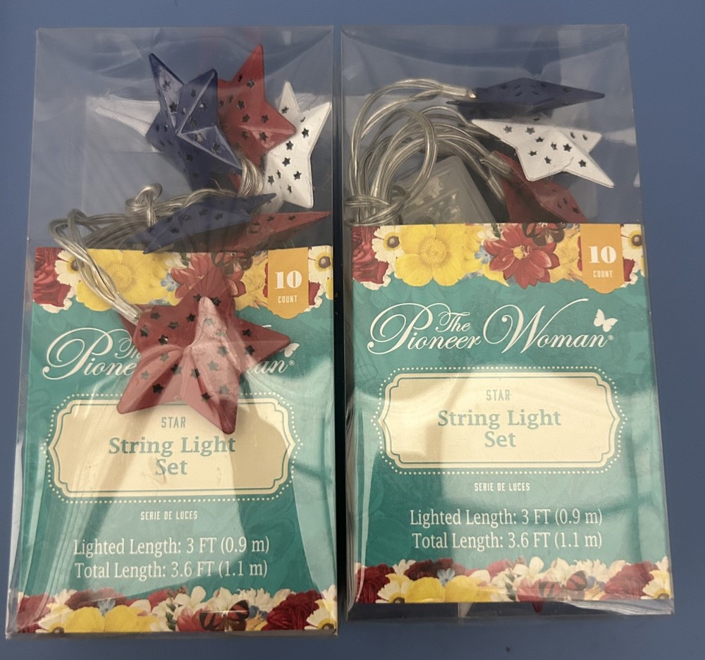 Pioneer Woman Red White Blue Patriotic Stars LED String Lights 10-pc Metal Timer