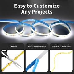 16.4FT/5M COB LED Strip Light, Cold White 6000K Cuttable LED Tape Lights, 8mm…