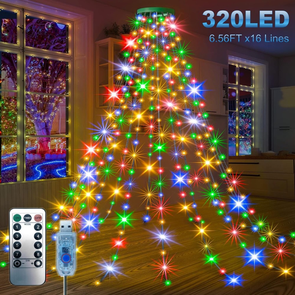 Christmas Tree Waterfall String Lights 6.56FT x 16 Lines 320 LED USB Xmas Lights