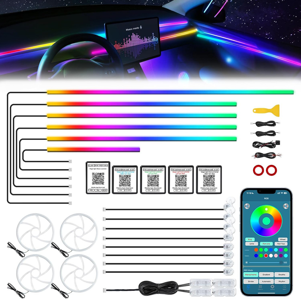 Dreamcolor Acrylic Interior Car LED Strip Light with Wireless APP, RGB 22 in 1