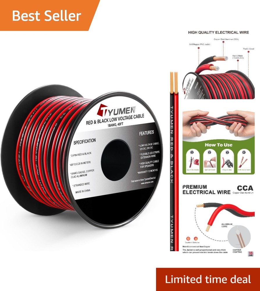 18 AWG 40FT Red & Black PVC Electrical Wire for LED Lighting & Low-Voltage Use