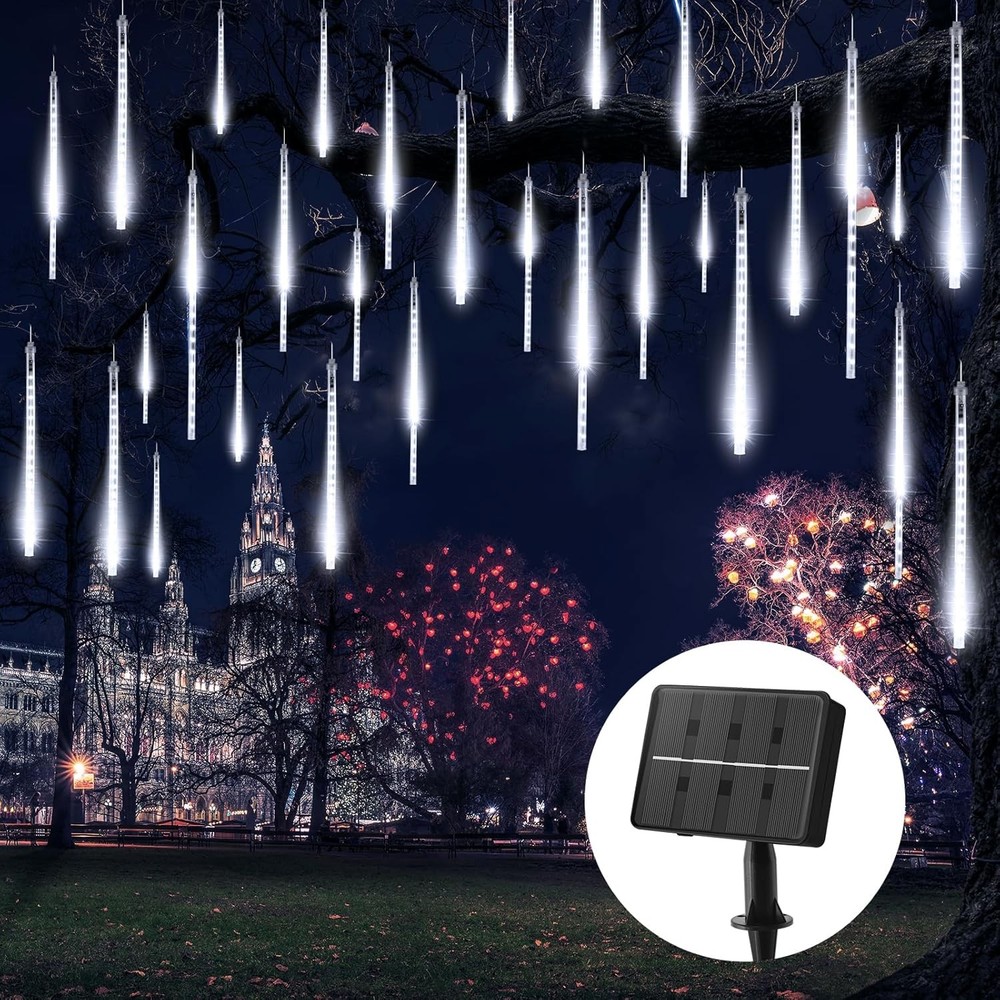Solar Meteor Shower Lights Outdoor – 576 LED Rain Drop with Pure White