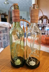 Wine Bottle Lanterns Leather Handles, Cork, On & Off Switch on Base, Pair
