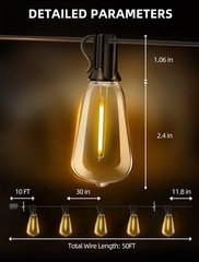50FT Outdoor String Lights for Patio Waterproof Connectable ST38 LED Light Strin