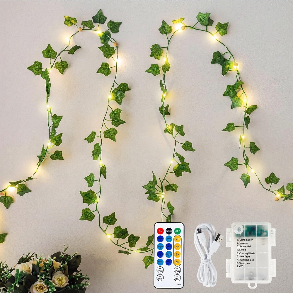 Ivy Vine Garland with 40 Fairy Lights – Vintage Greenery Decor with Remote & …