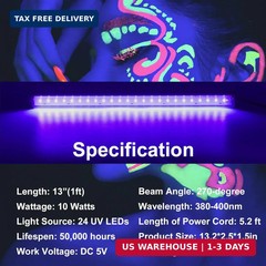 Black Light Bar 10W UV Blacklight Strip for Glow Party: 1ft USB Portable LED Par