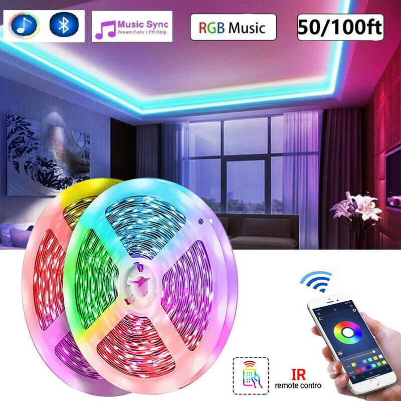 100ft 50ft LED Strip Lights 5050 RGB Bluetooth Color Change Remote for Rooms Bar