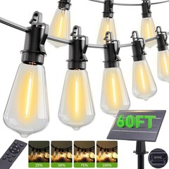60FT Waterproof Solar String Lights with Remote, 20 Dimmable LED Bulbs for Patio
