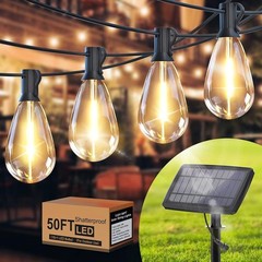 50FT Solar String Lights S14 Edison Bulbs, Warm White for Patio E12