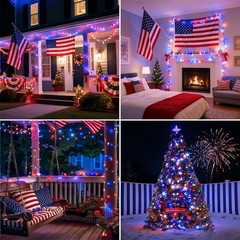 66ft Red White Blue 200LED Patriotic String Lights Plug in Indoor Outdoor
