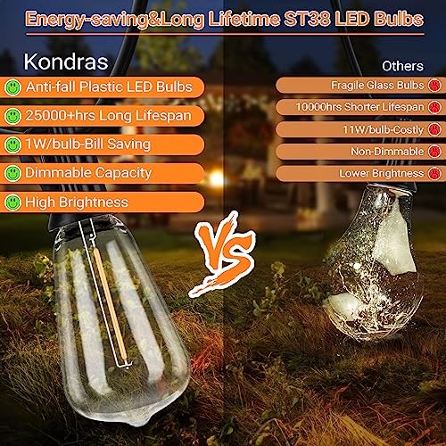 KONDRAS 100FT WATER RESISTANT OUTDOOR STRING LIGHTS ST38 LED BULBS WITH – WHITE