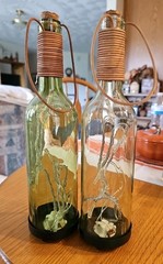 Wine Bottle Lanterns Leather Handles, Cork, On & Off Switch on Base, Pair