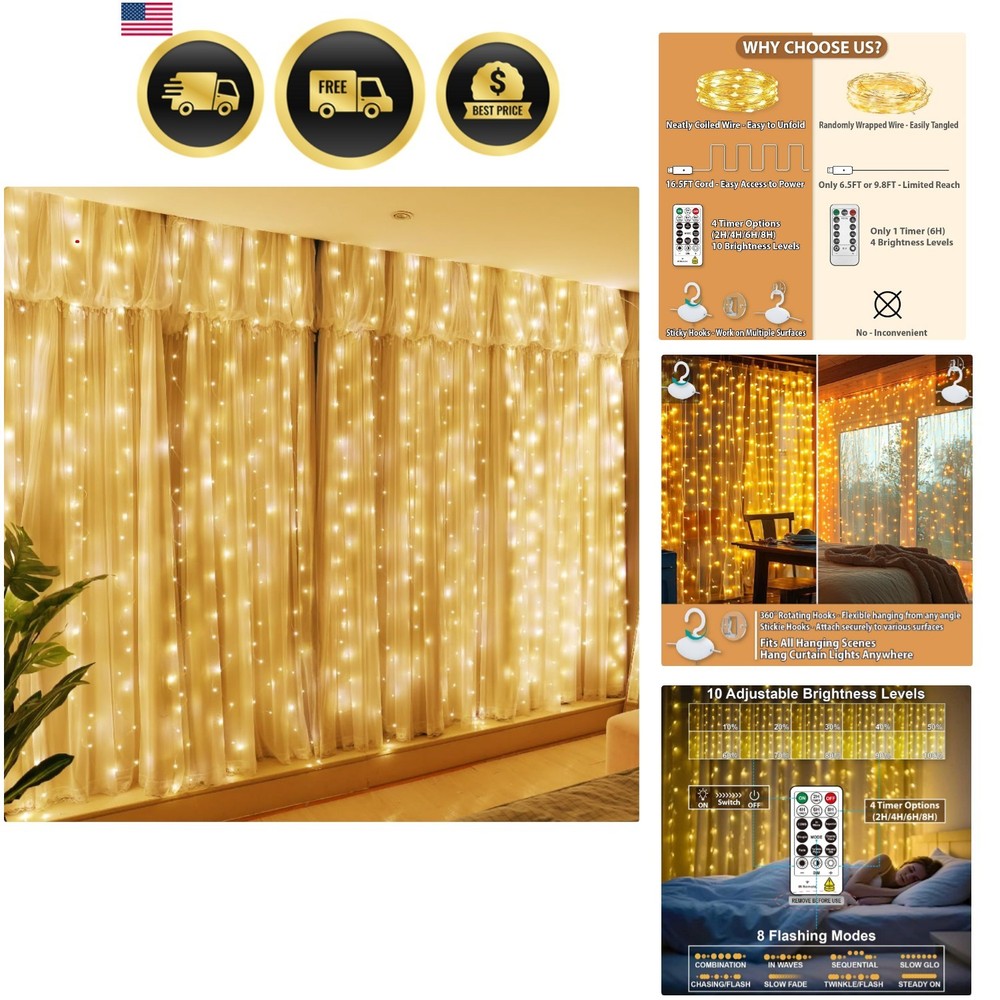 300LED Fairy Curtain Lights, 9.8×9.8Ft USB Plug-in 8 Modes Christmas String H…