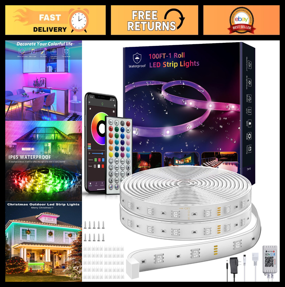 100ft Waterproof LED Strip Lights – IP65 Outdoor Rope Lights with Remote & App C