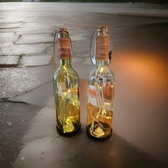 Wine Bottle Lanterns Leather Handles, Cork, On & Off Switch on Base, Pair