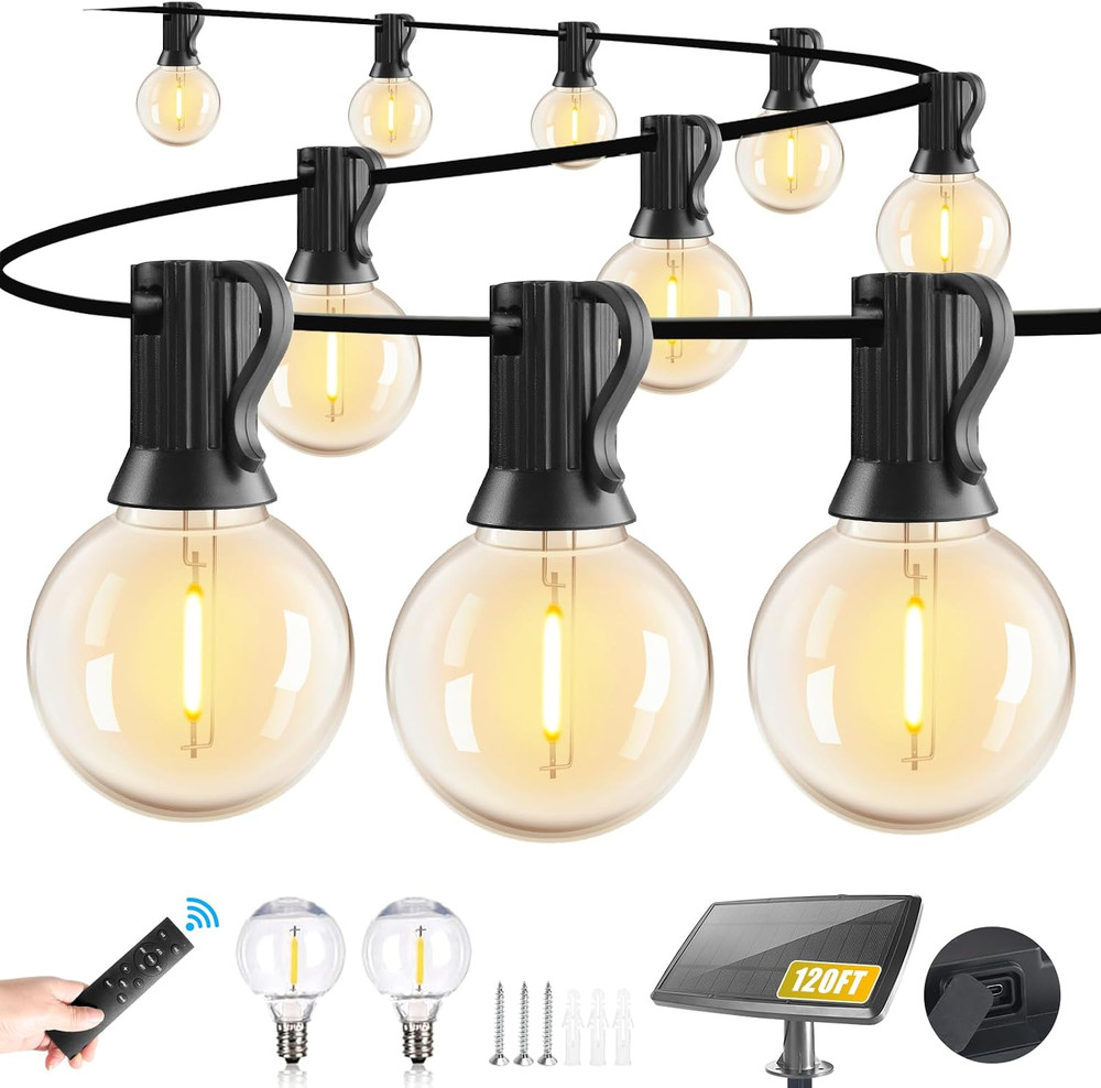 120FT Solar String Lights Outdoor Waterproof with Remote, G40 Solar Powered Stri