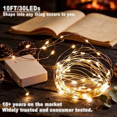 3 Pack Rechargeable Fairy Lights 10ft 30 LED, 4 Modes Battery Copper Wire Str…