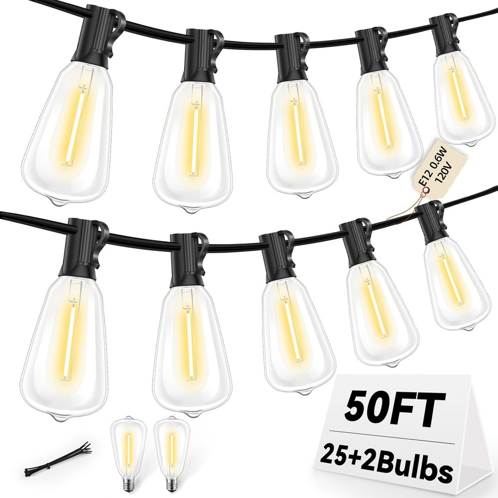 ST38 50FT LED Outdoor String Lights with 25+2 Spare Bulbs, E12 Socket, 2700K War