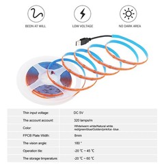 5V USB COB LED Strip Light 320 Leds Flexible Tape 8Mm PCB White/Red/Green/Pink/I