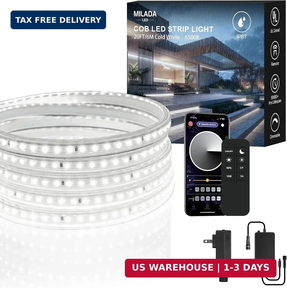 20FT COB LED Strip Lights, Waterproof Outdoor&Indoor Daylight White 6500K Flexib