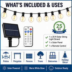 Solar String Lights 25 ft G40 Outdoor Patio Garden Christmas Warm White Remote