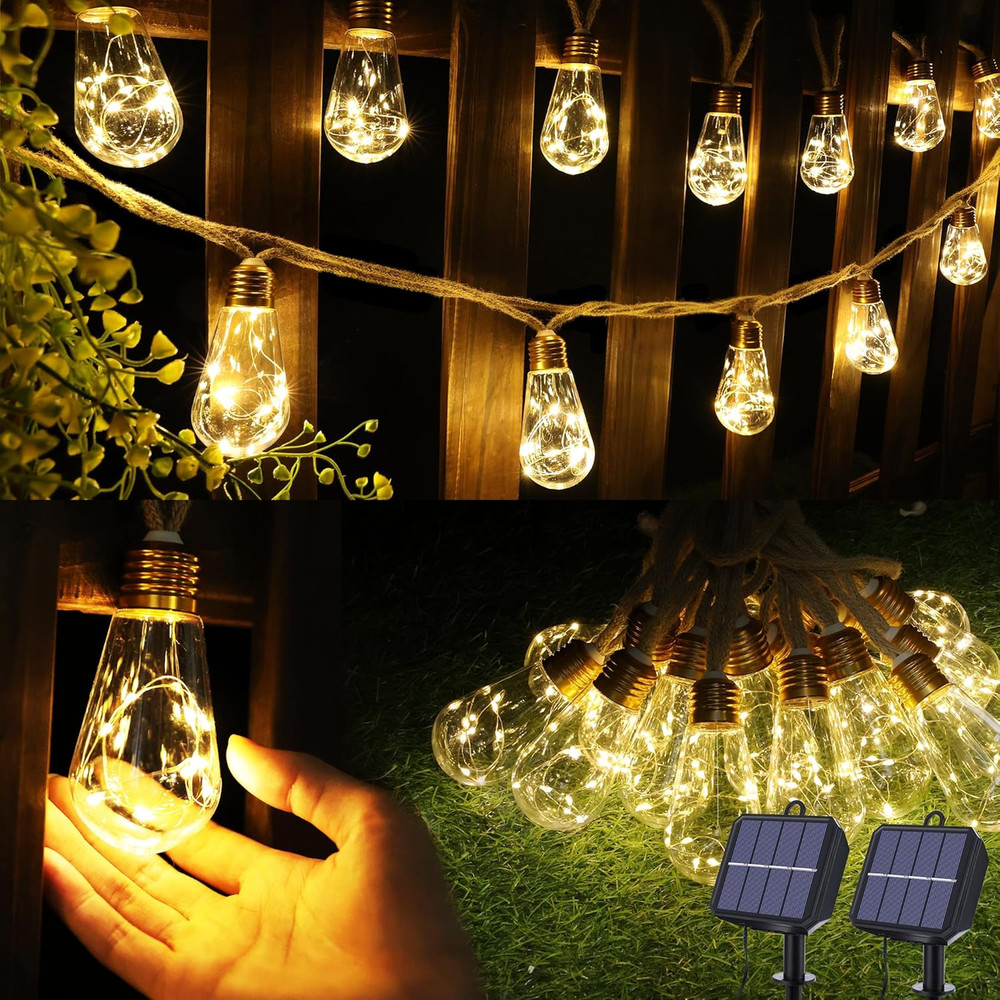 Solar Outdoor String Lights, 20Ft Vintage Rope Hemp Solar Patio Lights, Waterpro