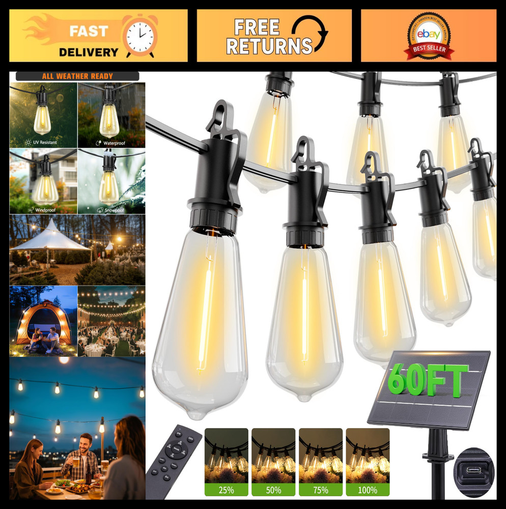 60FT Waterproof Solar String Lights with Remote, 20 Dimmable LED Bulbs for Patio