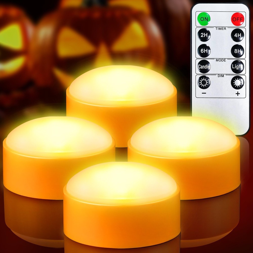 4 Pack Battery Operated Timer Halloween LED Pumpkin Lights with Remote, Flame…
