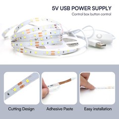 LED Light Strip 5V Cool White USB Power Supply with Built-in Switch Button